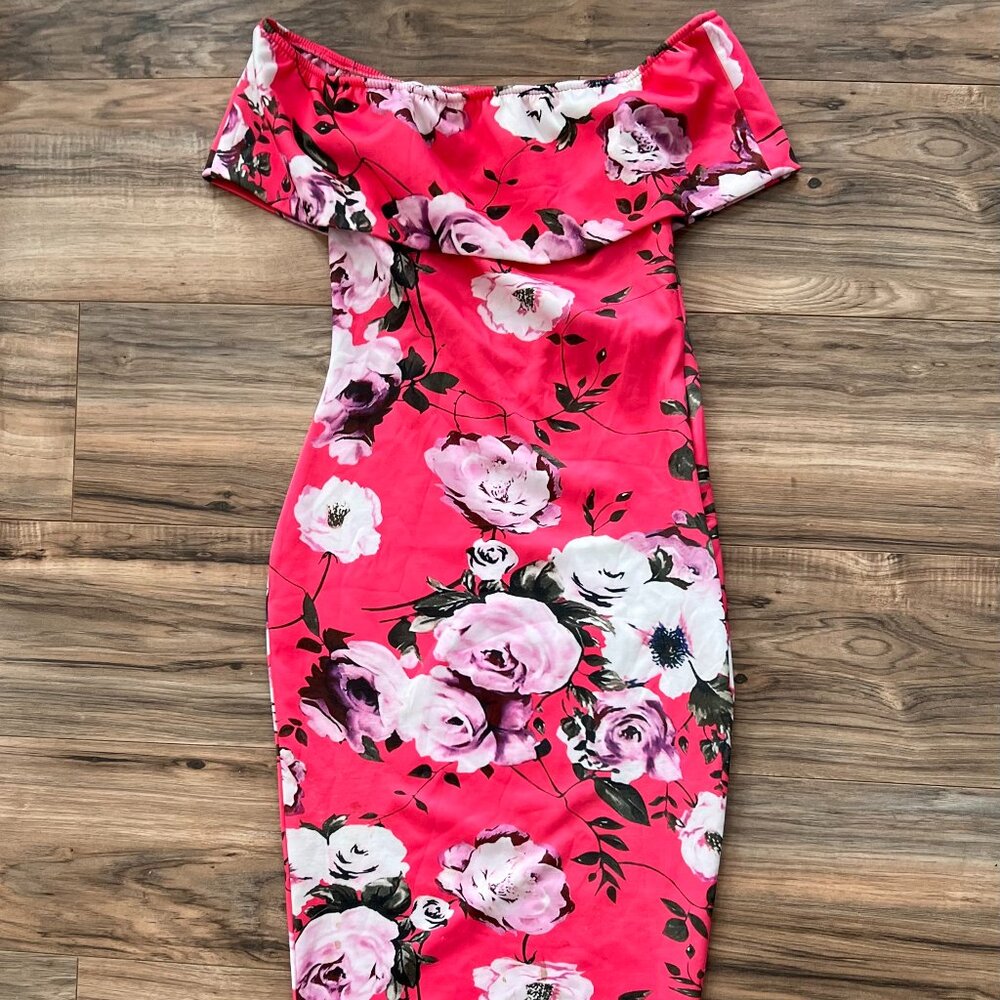 Pink Floral Fitted Off the Shoulder Cocktail Dress with Open Back Size S